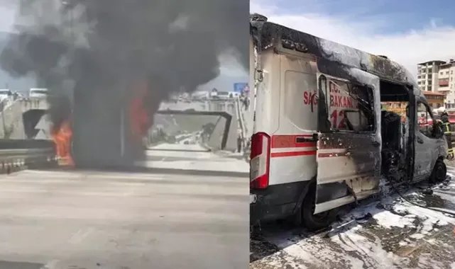 Hasta taşırken yangın çıkan ambulans, kullanılamaz hale geldi