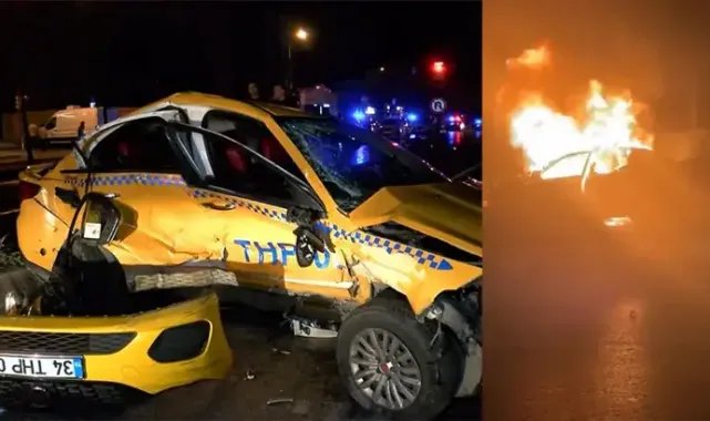 Ataşehir'de taksi ile çarpışan otomobil alev alev yandı; 3 yaralı