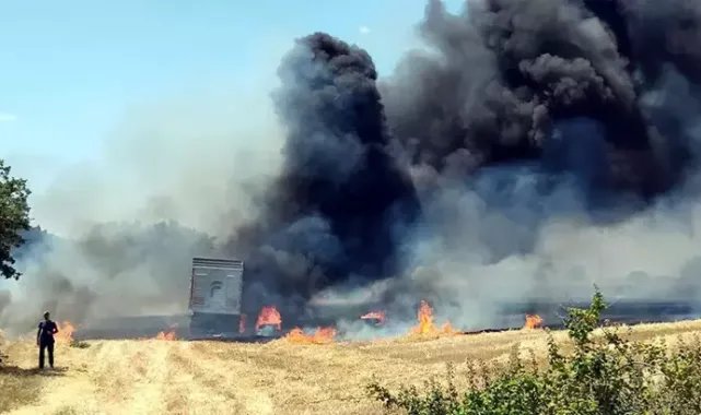 Buğday yüklü TIR alev aldı; 10 dekar tarım alanı zarar gördü