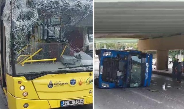 Alt geçide çarpan tır, İETT otobüsünün üzerine devrildi