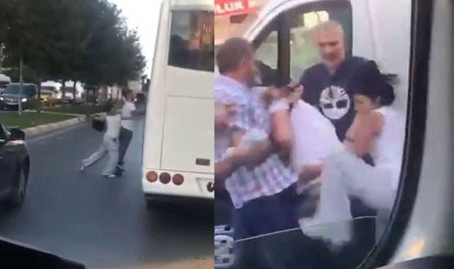 Esenyurt’ta motosikletli bir çift kendilerini sıkıştıran servis aracına kaskla saldırdı