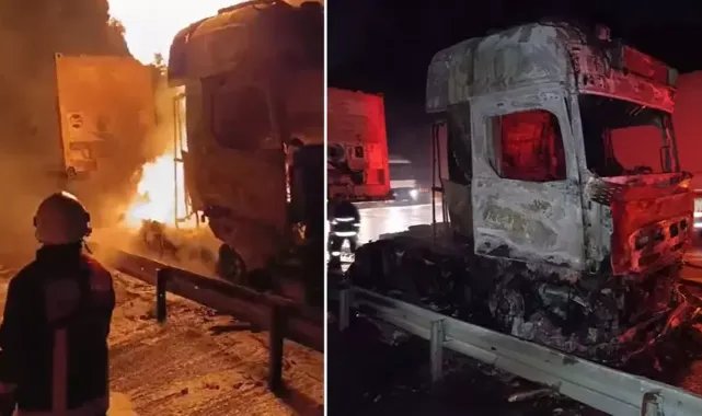 Otoyolda TIR'ın alev alev yandı