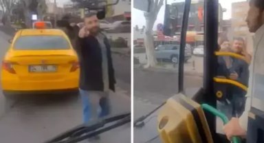 Fatih'te taksici İETT otobüsünün önünü kesti; yolcu 'Ben polisim seni alırım' dedi
