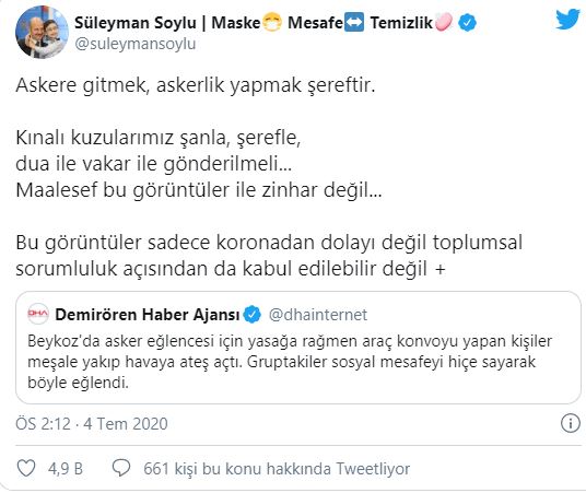 İçişleri Bakanı Soylu'dan asker uğurlama görüntülerine tepki