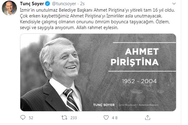 İZMİR AHMET PİRİŞTİNA'YI ANDI