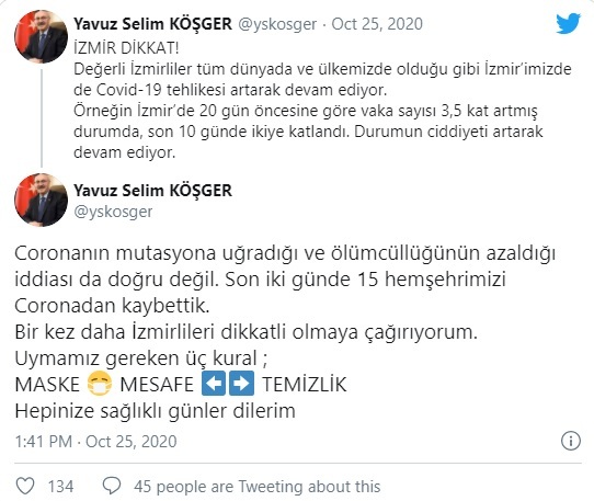 VALİ KÖŞGER'DEN İZMİRLİLERE UYARI