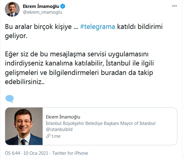 Ekrem İmamoğlu'ndan Telegram açıklaması