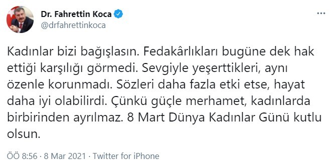 Bakan Koca'dan Dünya Kadınlar Günü paylaşımı