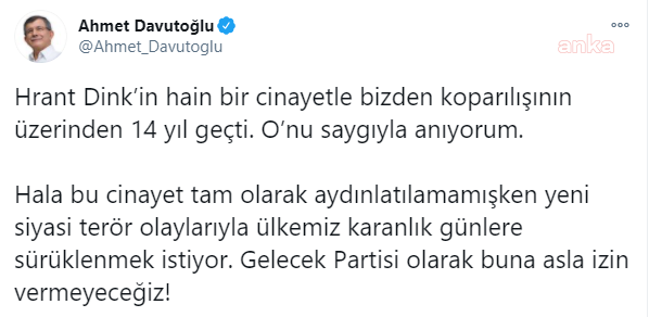 Ahmet Davutoğlu'ndan Hrant Dink mesajı