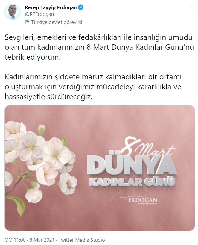 Cumhurbaşkanı Erdoğan'dan 8 Mart mesajı