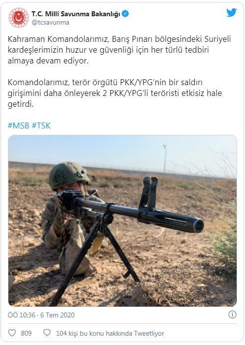 Barış Pınarı bölgesinde 2 terörist etkisiz hale getirildi