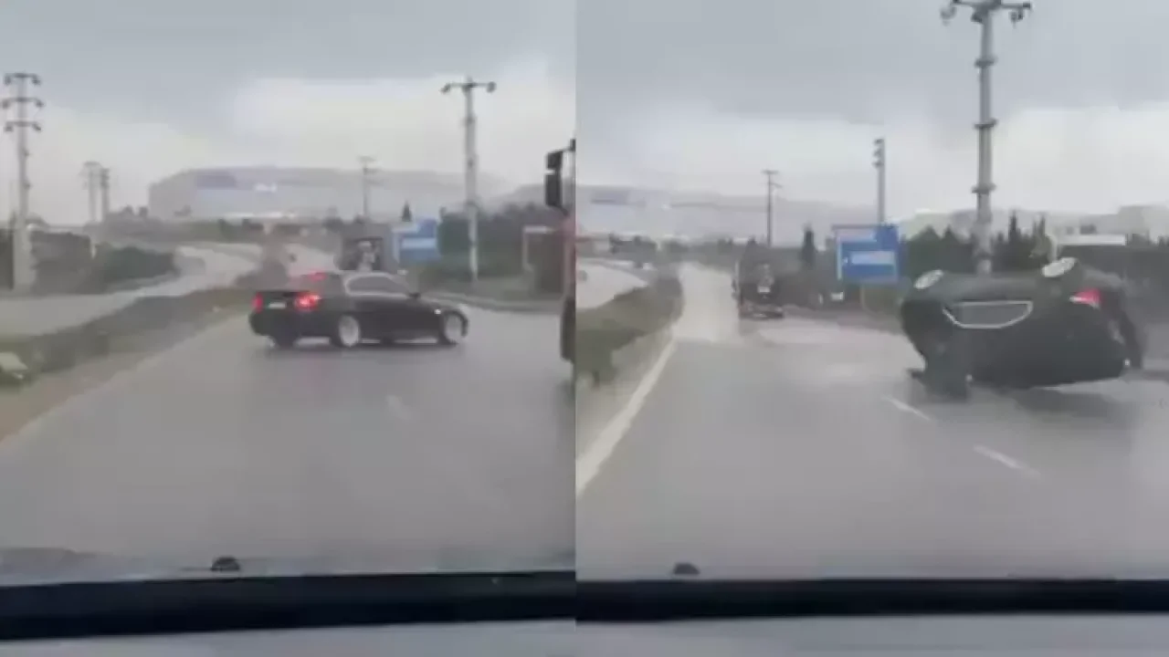 Sürücüsünün drift yaptığı otomobil takla attı