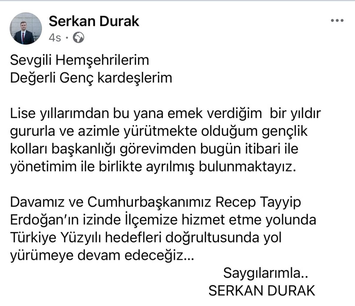 Ak Parti Gençlik Kolları Başkanı istifa etti
