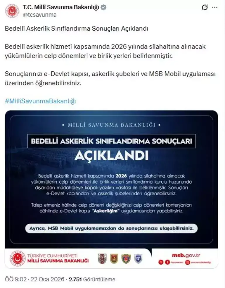 Bedelli askerlik sınıflandırma sonuçları açıklandı