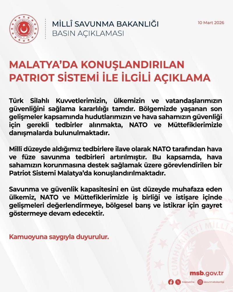 MSB açıkladı: Malatya'da patriot konuşlandırılacak