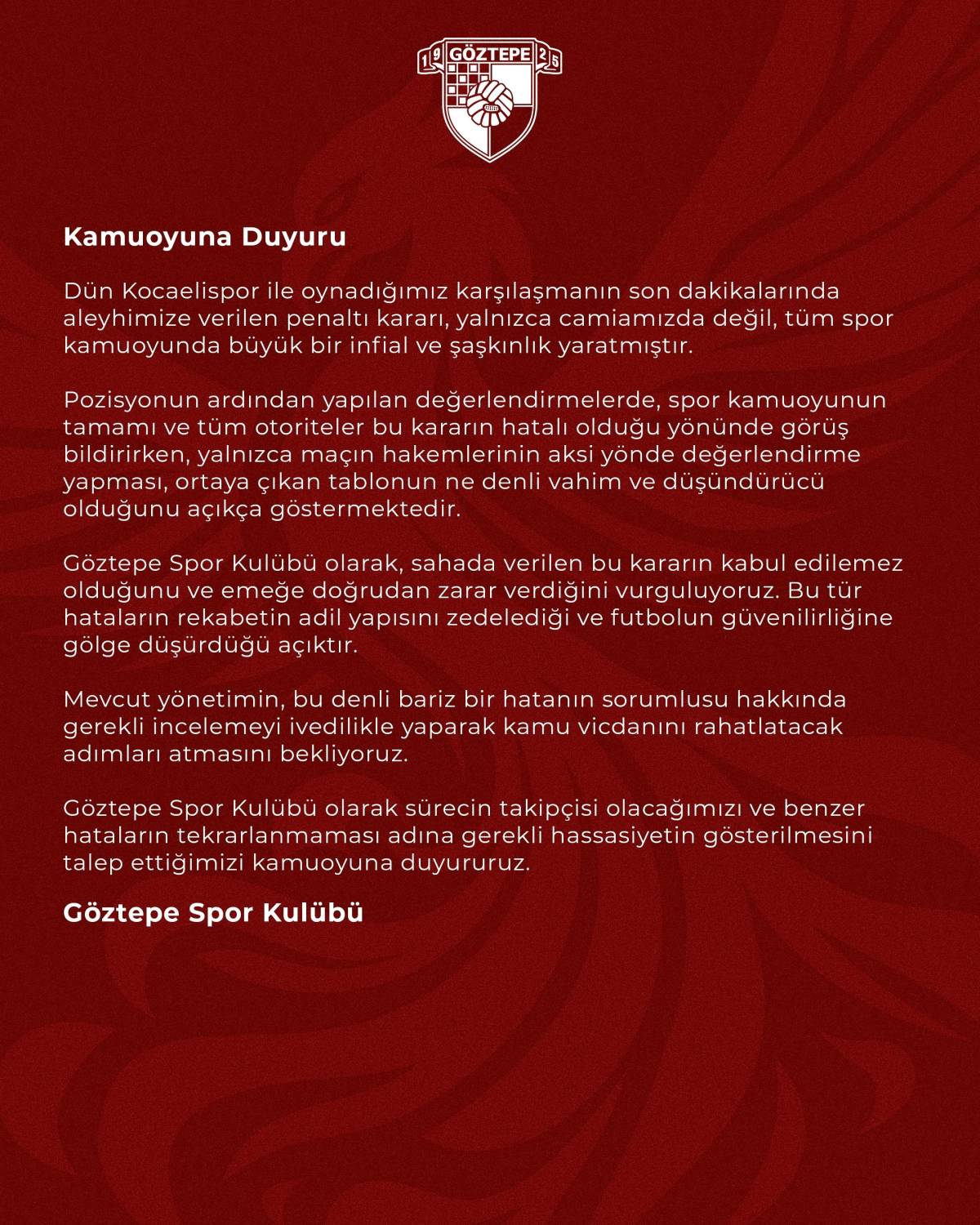 Göztepe’den hakem tepkisi